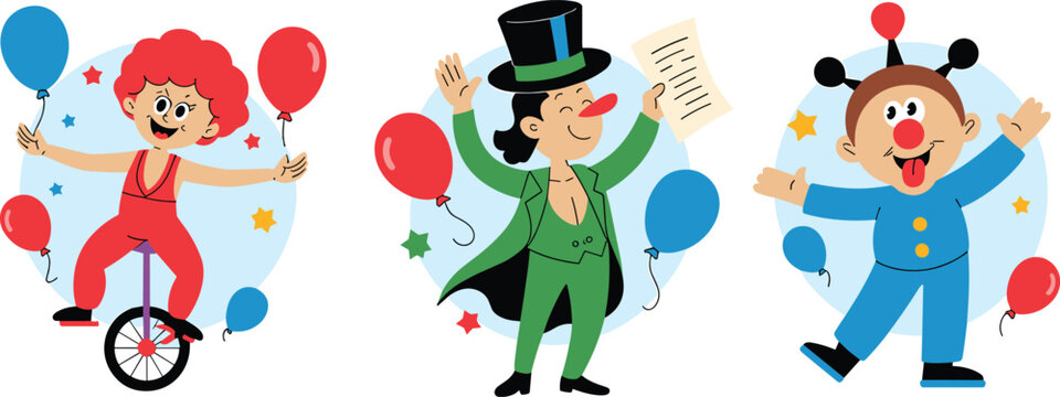 Cartoon vector illustration of circus showing clowns ringmaster festive playful cheerful creative colorful design
