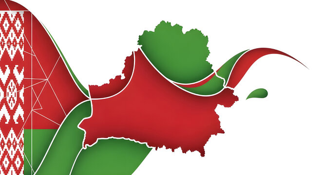 Belarus map with flag colors and traditional pattern design elements on white background