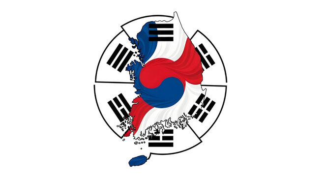 South korea flag map symbol with taegeuk and trigrams isolated on white background