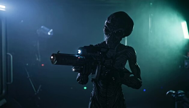 Dark Scene of an Alien Warrior Holding a High-Tech Directed Energy Weapon