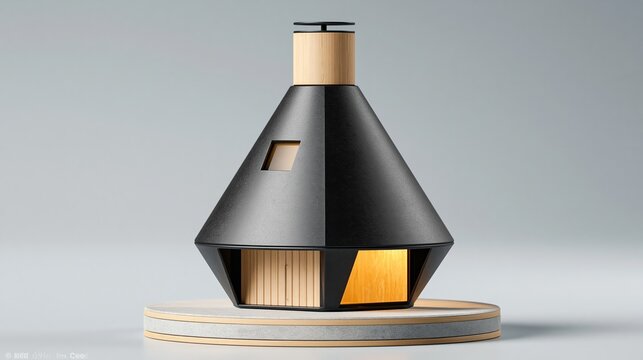Modern black and wooden decorative house model with a unique conical shape and illuminated interior, displayed on a circular wooden base against a light gray background