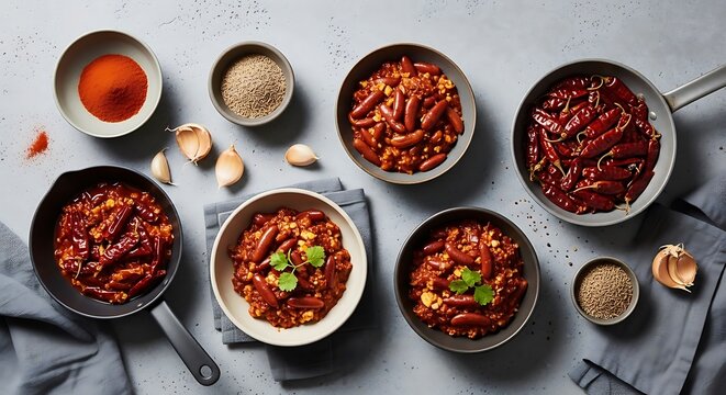 A top-down view of bowls filled with hearty chili and fresh ingredients for a flavorful chili cookoff display on a rustic gray textured kitchen surface