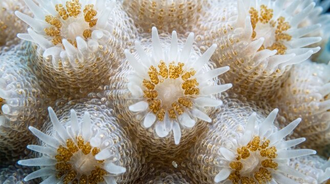 Closeup of zooxanthellae on coral reef in natural underwater setting  