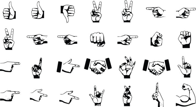 Vintage engraving vector set of human hand gesture icons including thumbs up pointing fist and handshake isolated on white