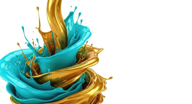 Un'esplosione astratta di vernice liquida turchese e oro si mescola in modo dinamico creando vortici brillanti e spruzzi di colore vivace, design, turchese, macro