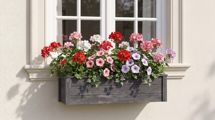 Fototapeta premium Flower box with colorful blooms on a window ledge in daylight 