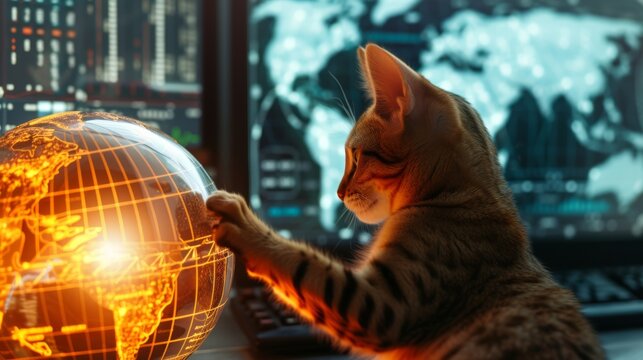 Domestic cat with striped fur interacts with a glowing globe on a desk, computer screens displaying data and a world map in the background