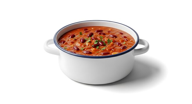 A hearty bowl of homemade chili perfect for a chili cookoff event served in a rustic white enamel pot isolated on a clean white background for food blogs