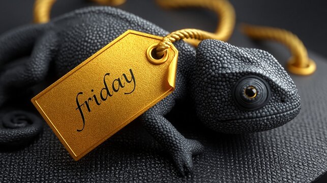 Ein schwarzes Cham&auml;leon h&auml;lt ein goldenes Preisschild mit der Aufschrift &bdquo;friday" in der Dunkelheit