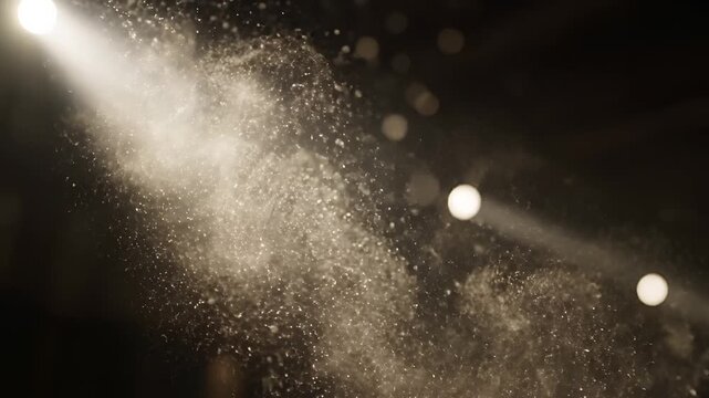 Stage Lighting Illuminates Falling Dust Particles in Dramatic Atmosphere.