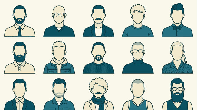 Diverse set of male avatar icons with various hairstyles and facial hair