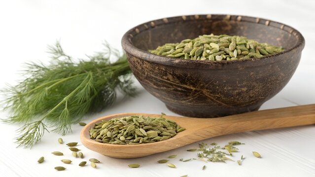 Whole Green Fennel Seeds in Rustic Dark Carved Bowl with Wooden Spoon and Fresh Fennel Herb on White Background