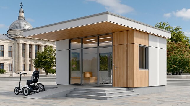 Modern architectural design of a small prefabricated building with large glass windows and wooden accents, featuring a mobility scooter parked outside on a paved area