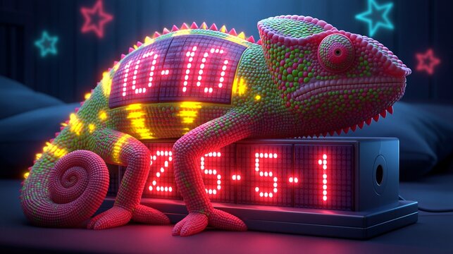 Ein Cham&auml;leon liegt neben einer digitalen Uhr mit der Anzeige &bdquo;10:10" und Zahlen, die auf einem dunklen Hintergrund leuchten