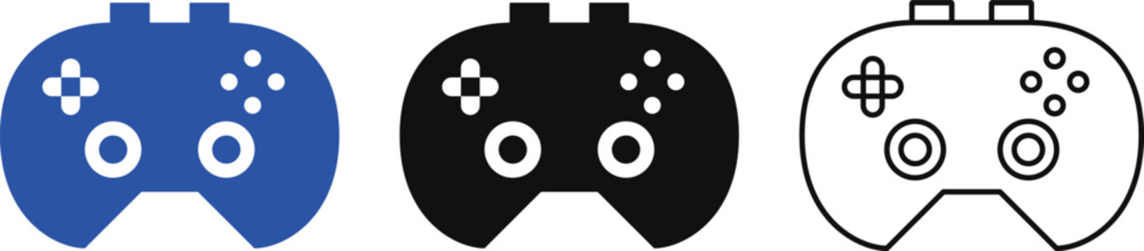 Gaming gamepad icons , game controller icons set blue black and outline vector illustrations