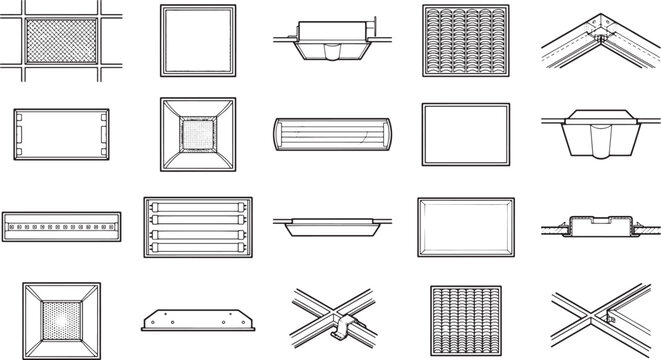 Architectural overhead view elements showcasing a comprehensive range of design options, patterns, and configurations for ceilings and structural components.