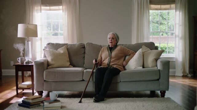 Mature woman in beige cardigan using wooden cane for support while standing in living room interior