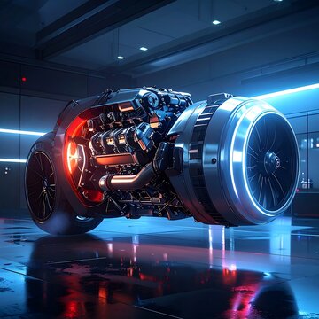 Futuristic Electric Motorcycle with Turbine Engine.