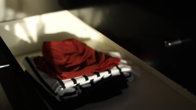 A woman&rsquo;s hands place two folded clothes into a drawer one after another and smooth them with her palms. The action happens indoors in a horizontal side-view shot at hand level.