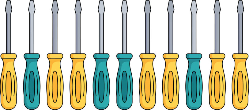 Cartoon vector illustration of screwdriver pattern showing flathead tools arranged with alternating colorful handles in organized design