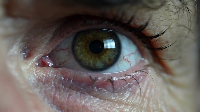 Mature human eye with bloodshot sclera and green iris looking at camera in extreme close up