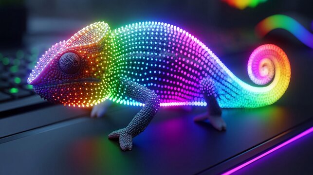 Ein Cham&auml;leon aus regenbogenfarbenen LED-Lichtpunkten sitzt auf einer Computertastatur und leuchtet in allen Farben des Spektrums