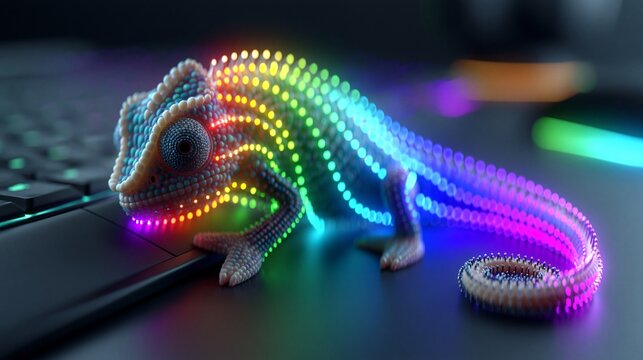 Ein Cham&auml;leon aus regenbogenfarbenen LED-Lichtpunkten sitzt auf einer Computertastatur und leuchtet in allen Farben des Spektrums