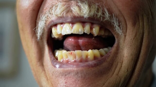 Senior man opening mouth revealing teeth and white mustache close up shot