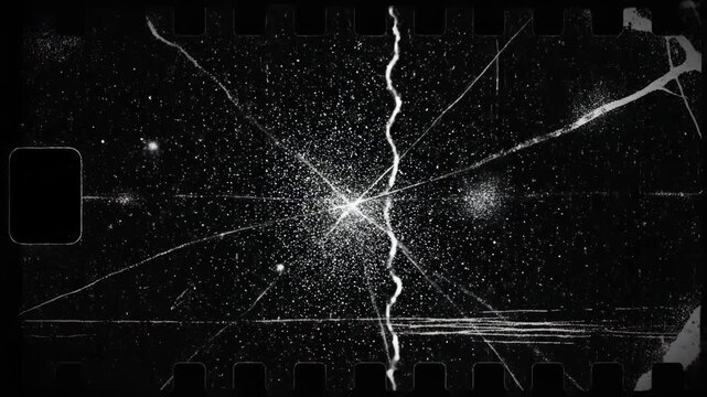 Intense energy release captured on damaged film, revealing cosmic phenomena and distressed effects