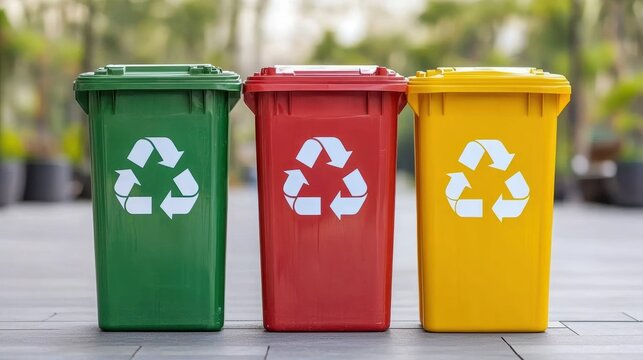 Public plaza with clearly marked recycling stations and biodegradable material collection points