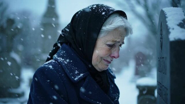 Mature woman in dark blue coat crying at tombstone in snowy cemetery during winter, medium shot