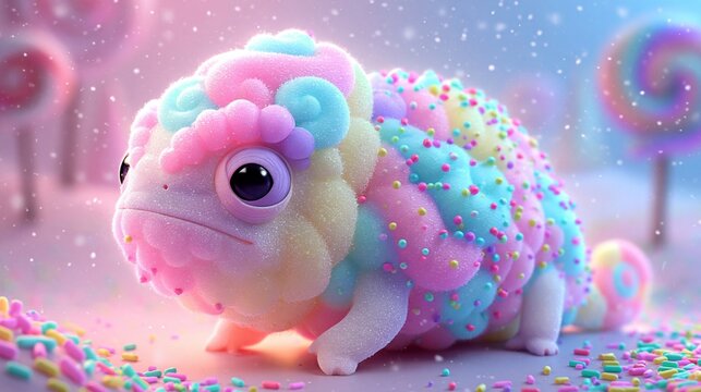 Ein niedliches Cham&auml;leon aus bunten Watteb&auml;uschen in Pastellfarben steht in einer m&auml;rchenhaften, zuckerwatteartigen Landschaft