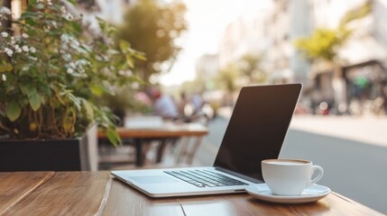 Fototapeta premium Laptop and Coffee at Outdoor Cafe