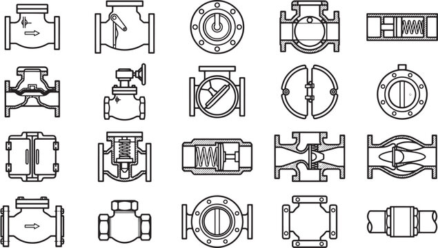 A detailed illustration of industrial valves showing various designs for engineering and plumbing.