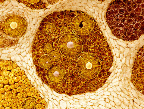 Human digestive gland tissue anatomy illustration showing exocrine acinar tubule cross section architecture and cellular lobule profiles in warm amber gold tones on ivory background
