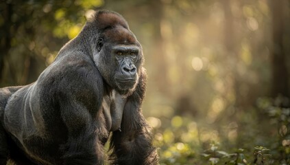 Obraz premium Silverback gorilla standing strong in sunlit forest habitat