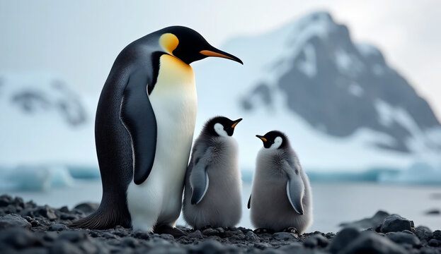 Emperor penguin with two fluffy chicks in Antarctic coastal landscape- world Penguin Day