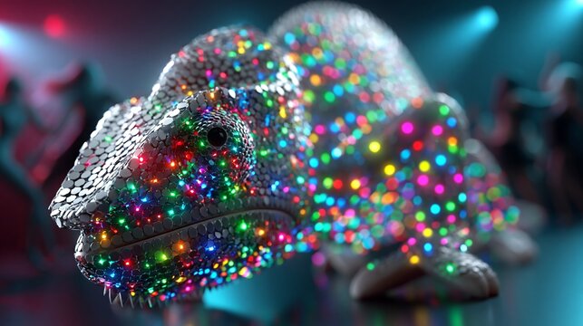 Ein Cham&auml;leon ist vollst&auml;ndig mit spiegelnden Discokugel-Pailletten bedeckt und liegt auf einer reflektierenden Oberfl&auml;che