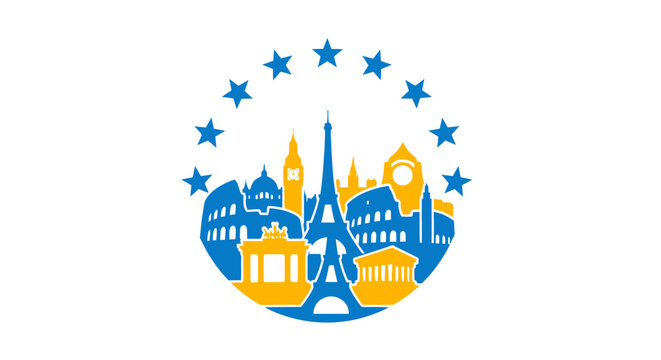 European city skyline with famous landmarks.