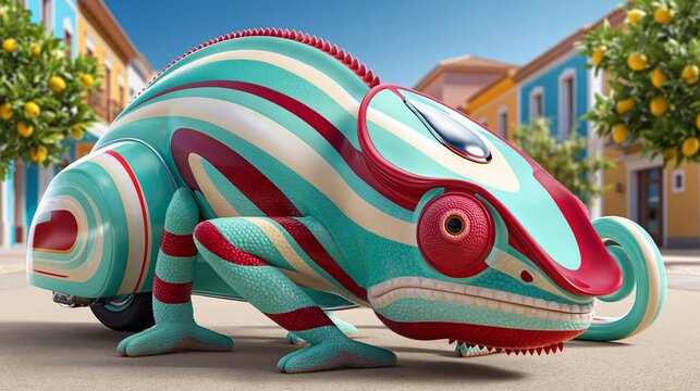 Ein stilisiertes Cham&auml;leon mit rot-wei&szlig;en Streifen und gr&uuml;nen Akzenten steht auf einer mediterranen Stra&szlig;e