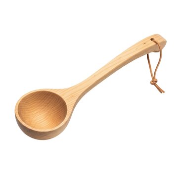 Natural wooden ladle with leather hanging loop used for sauna water or kitchen cooking
