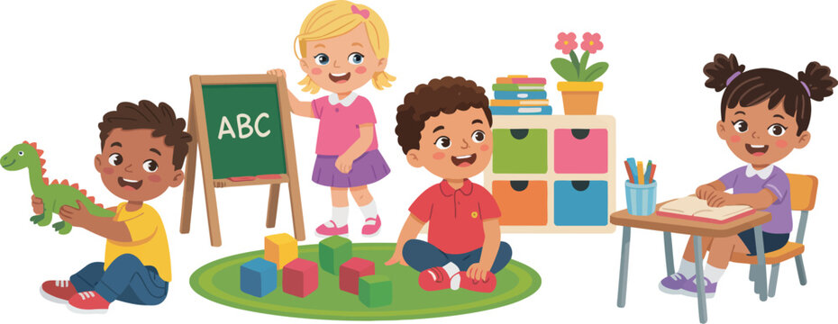 Group of children learning and playing together in a classroom illustration, joyful elementary students engaging in educational activities, collaborative study environment, 