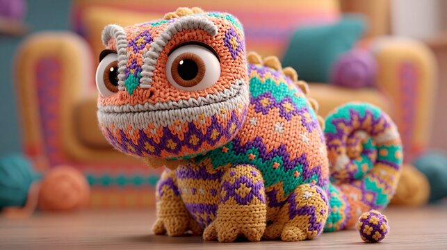Ein niedliches, gestricktes Cham&auml;leon-Pl&uuml;schtier mit buntem Strickmuster sitzt auf einem weichen Untergrund.