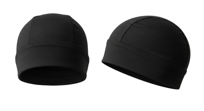 Black sport beanie hat helmet liner mockup set in two views for cycling or winter outdoor activity