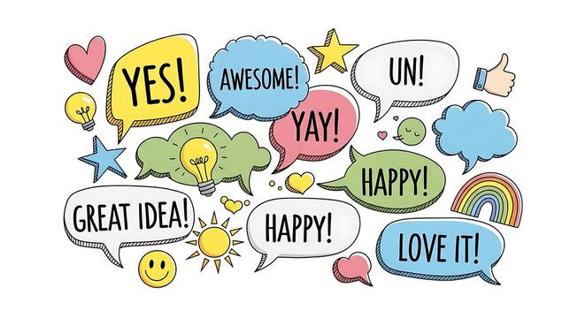 Colorful speech bubbles with positive words, symbols, and icons on white