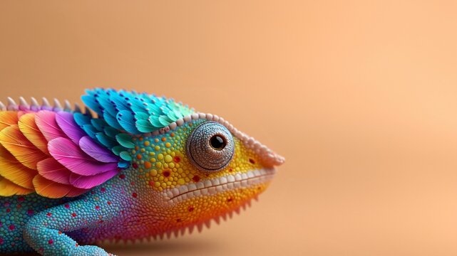 Ein bunter Cham&auml;leon in leuchtenden Farben posiert vor einem beigen Hintergrund