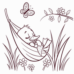 Naklejka premium A cute duckling sleeps peacefully in a hammock surrounded by flowers and a butterfly