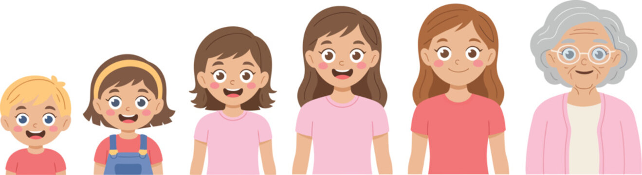 Happy smiling woman aging process from toddler to elderly with different hairstyles, chronological life stages illustration showing growth, youth, adulthood, and senior age,
