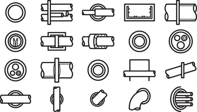 A detailed line art composition of interconnected pipes and fittings that showcase a wide variety of industrial concepts.