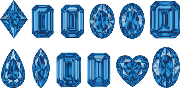 Luxury Blue Diamond and Sapphire Gemstone Collection with Various Precious Cuts Including Heart, Pear, Emerald, Oval, and Marquis Shapes for Jewelry Design and Branding